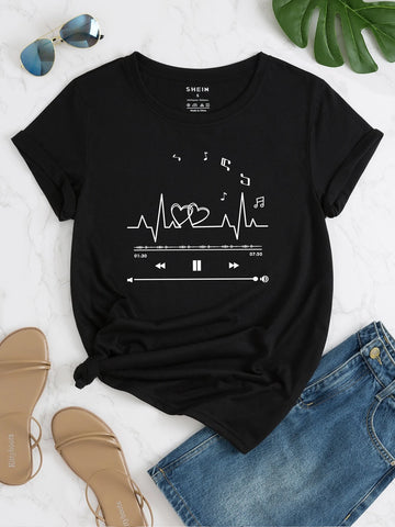 Music Note And Heart Print Tee