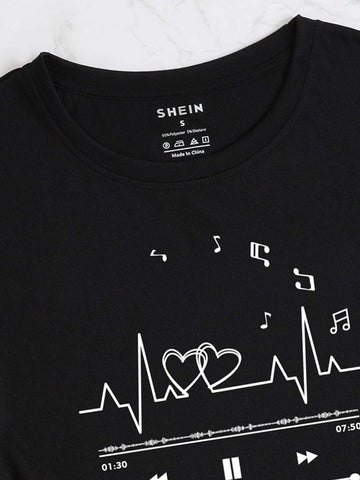 Music Note And Heart Print Tee