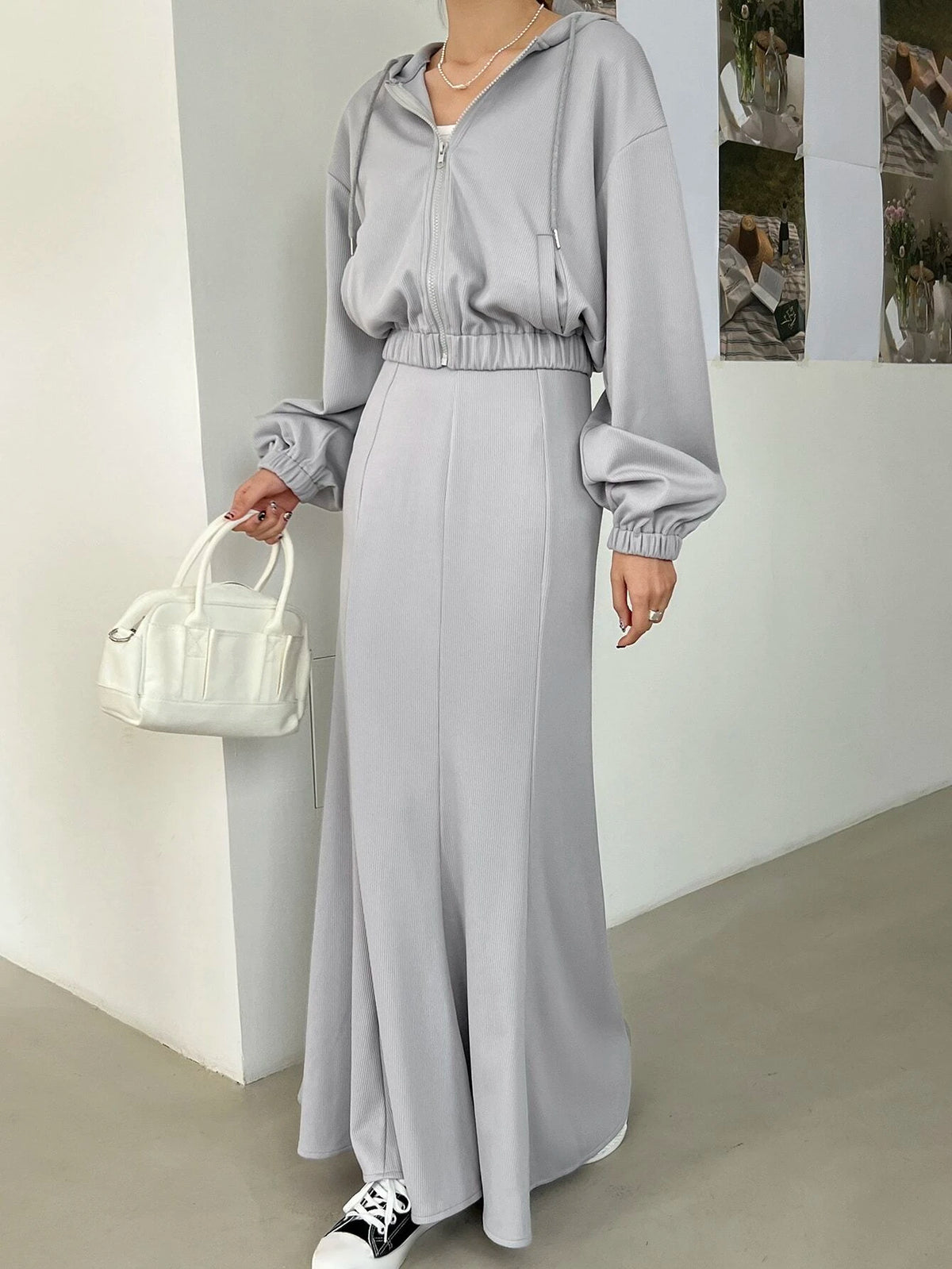 DAZY Drop Shoulder Drawstring Hoodie & Mermaid Hem Skirt