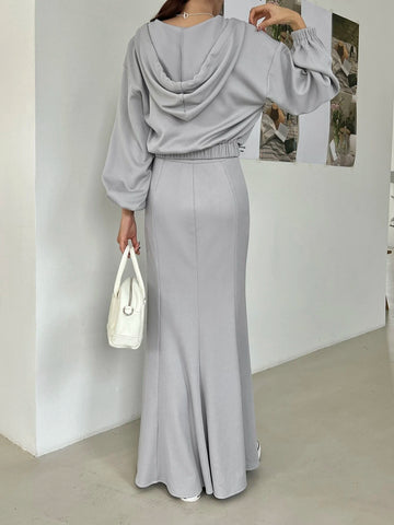 DAZY Drop Shoulder Drawstring Hoodie & Mermaid Hem Skirt