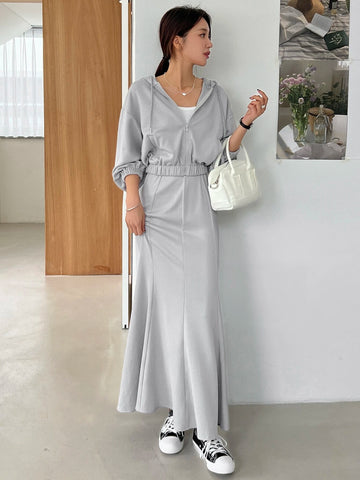 DAZY Drop Shoulder Drawstring Hoodie & Mermaid Hem Skirt