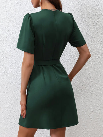 Mock Neck Frill Trim Belted Fitted Dress