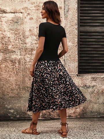 Scoop Neck Tee & Dalmatian Print Skirt
