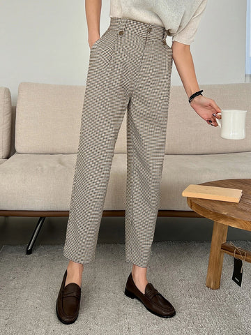 DAZY Plaid Print Plicated Detail Slant Pocket Pants