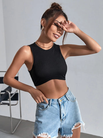 EZwear Solid Rib Knit Crop Tank Top