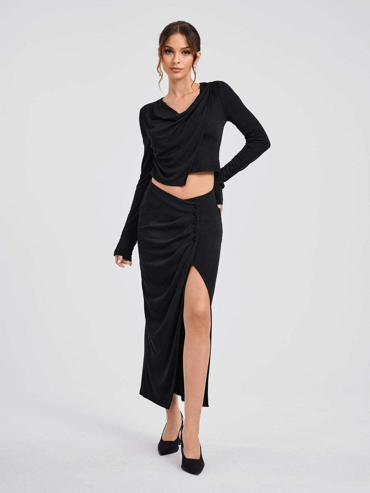 Michelle Wong Draped Collar Crop Top & Split Thigh Skirt