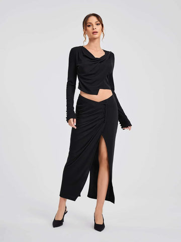 Michelle Wong Draped Collar Crop Top & Split Thigh Skirt