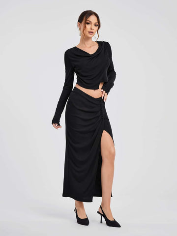 Michelle Wong Draped Collar Crop Top & Split Thigh Skirt