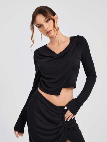 Michelle Wong Draped Collar Crop Top & Split Thigh Skirt