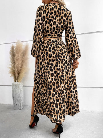 Leopard Print Lantern Sleeve Knot Side Crop Top & Split Skirt