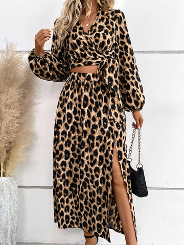 Leopard Print Lantern Sleeve Knot Side Crop Top & Split Skirt