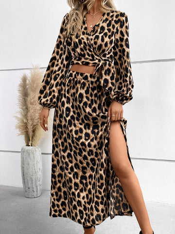 Leopard Print Lantern Sleeve Knot Side Crop Top & Split Skirt