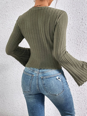 Lettuce Trim Trumpet Sleeve Ribbed Knit Tee