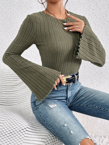 Lettuce Trim Trumpet Sleeve Ribbed Knit Tee