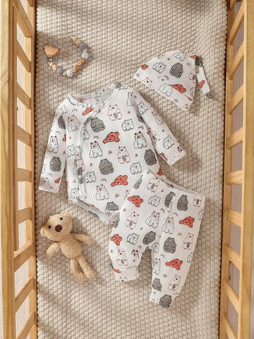 Newborn Baby Croissant Print Bodysuit & Pants & Hat