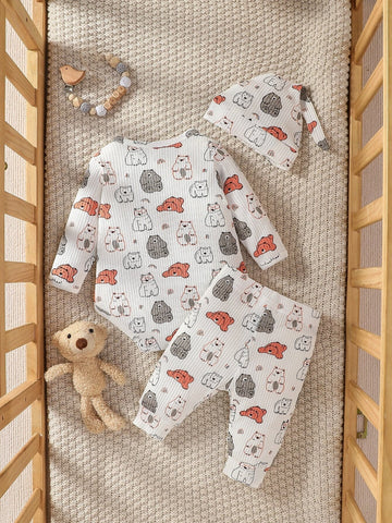 Newborn Baby Croissant Print Bodysuit & Pants & Hat