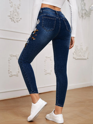 Floral Embroidery Skinny Jeans