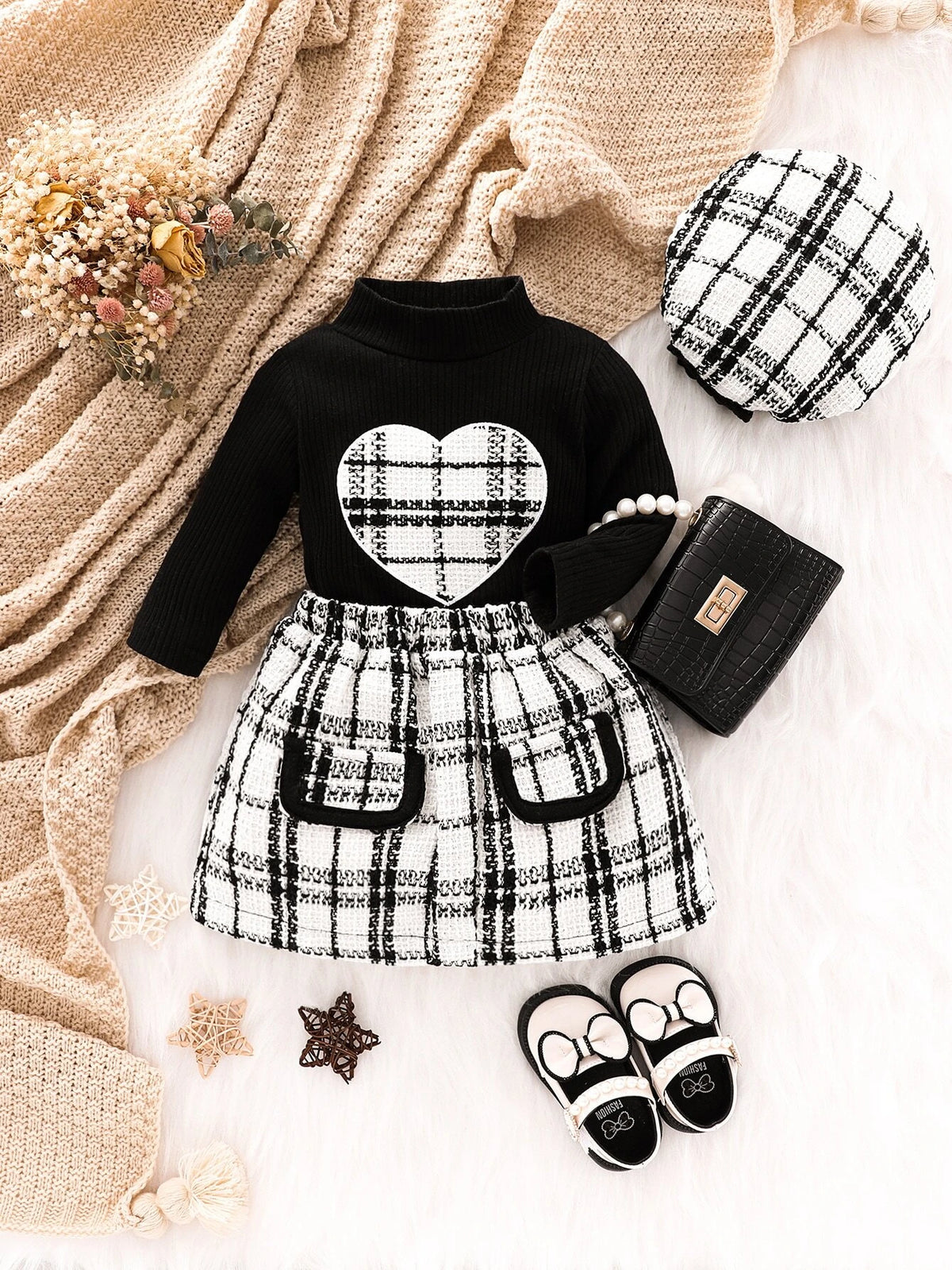 Baby Plaid Print Heart Embroidery Tee & Plaid Print Skirt