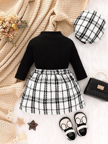 Baby Plaid Print Heart Embroidery Tee & Plaid Print Skirt