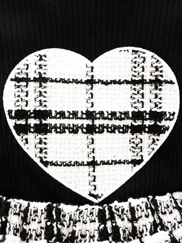 Baby Plaid Print Heart Embroidery Tee & Plaid Print Skirt