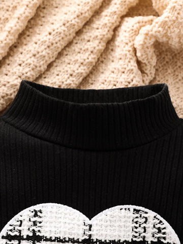 Baby Plaid Print Heart Embroidery Tee & Plaid Print Skirt