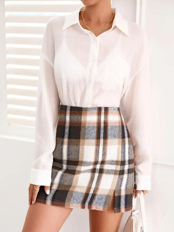 Felegant Plaid Print Split Hem Skirt
