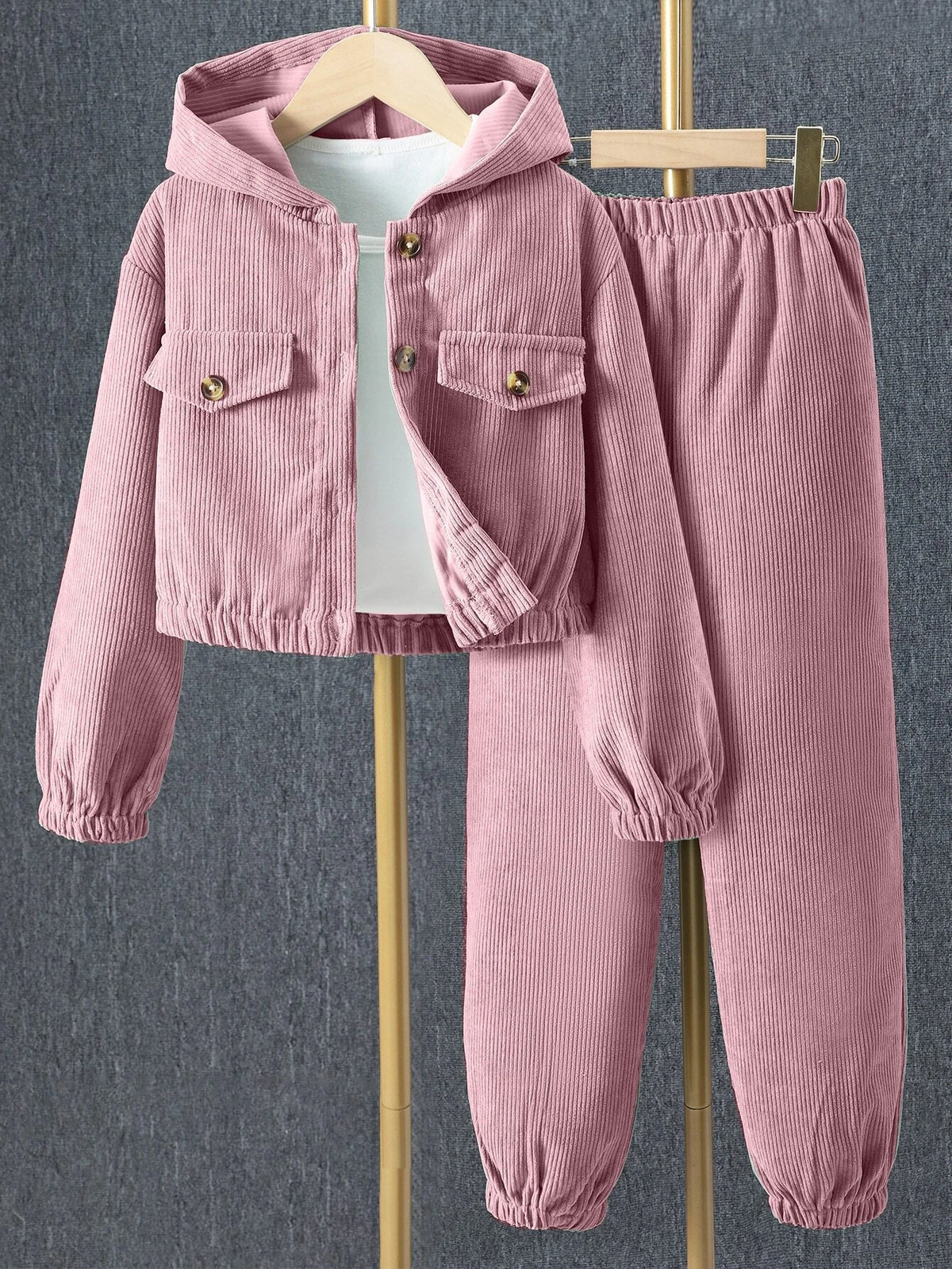 Girls Flap Detail Hooded Corduroy Jacket & Pants Without Tee