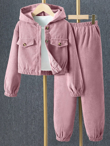 Girls Flap Detail Hooded Corduroy Jacket & Pants Without Tee