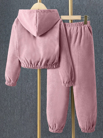 Girls Flap Detail Hooded Corduroy Jacket & Pants Without Tee