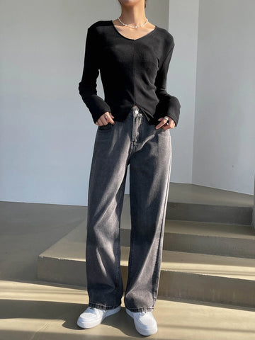 Dazy-Less Solid Tie Back Split Hem Tee