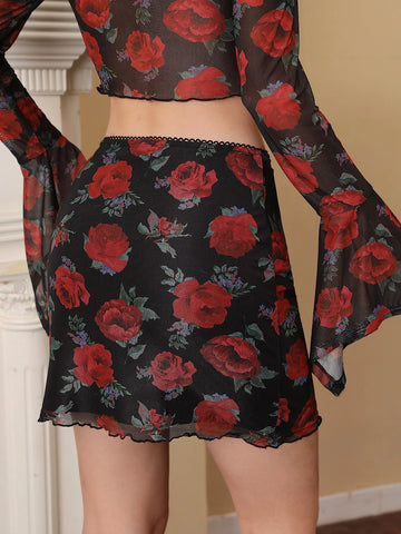 MOD Floral Print Lace Trim Skirt