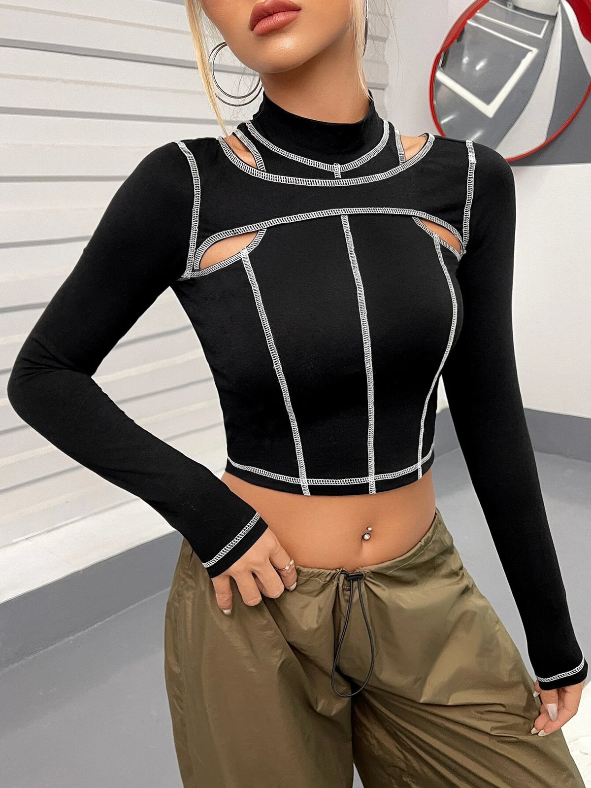 Top-stitching Cut Out Mock Neck Crop Top