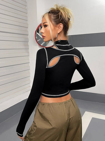 Top-stitching Cut Out Mock Neck Crop Top