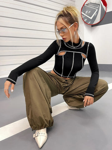 Top-stitching Cut Out Mock Neck Crop Top