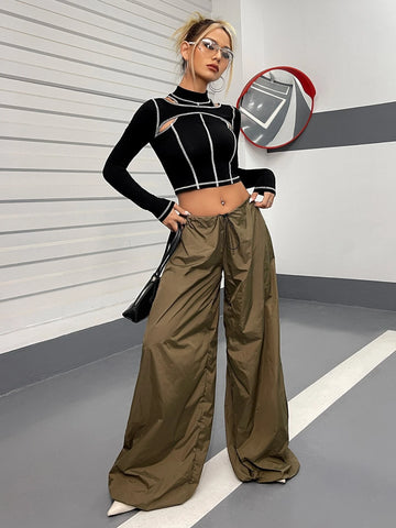 Top-stitching Cut Out Mock Neck Crop Top