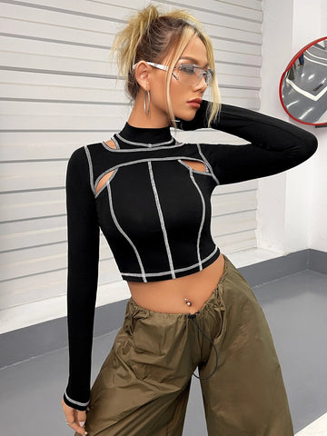 Top-stitching Cut Out Mock Neck Crop Top