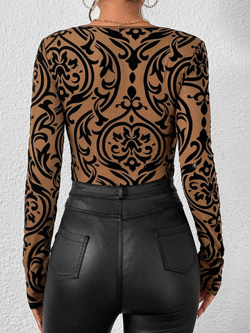 Damask Print Sweetheart Neck Bodysuit