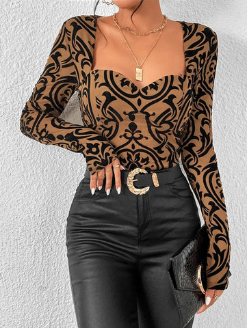 Damask Print Sweetheart Neck Bodysuit