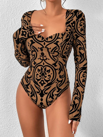 Damask Print Sweetheart Neck Bodysuit