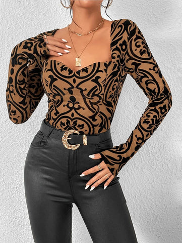 Damask Print Sweetheart Neck Bodysuit