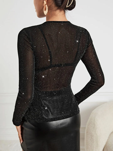 Glitter Sheer Mesh Top Without Bra