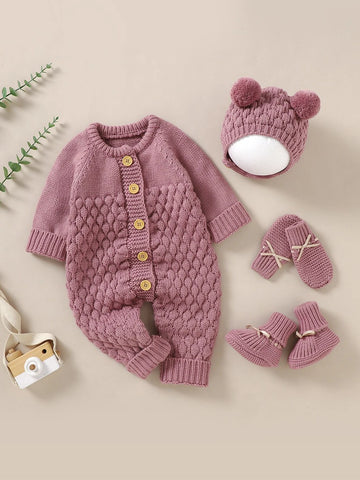 Baby Raglan Sleeve Knit Jumpsuit & Hat & Shoes & Gloves.