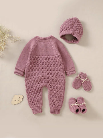 Baby Raglan Sleeve Knit Jumpsuit & Hat & Shoes & Gloves.