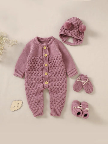 Baby Raglan Sleeve Knit Jumpsuit & Hat & Shoes & Gloves.