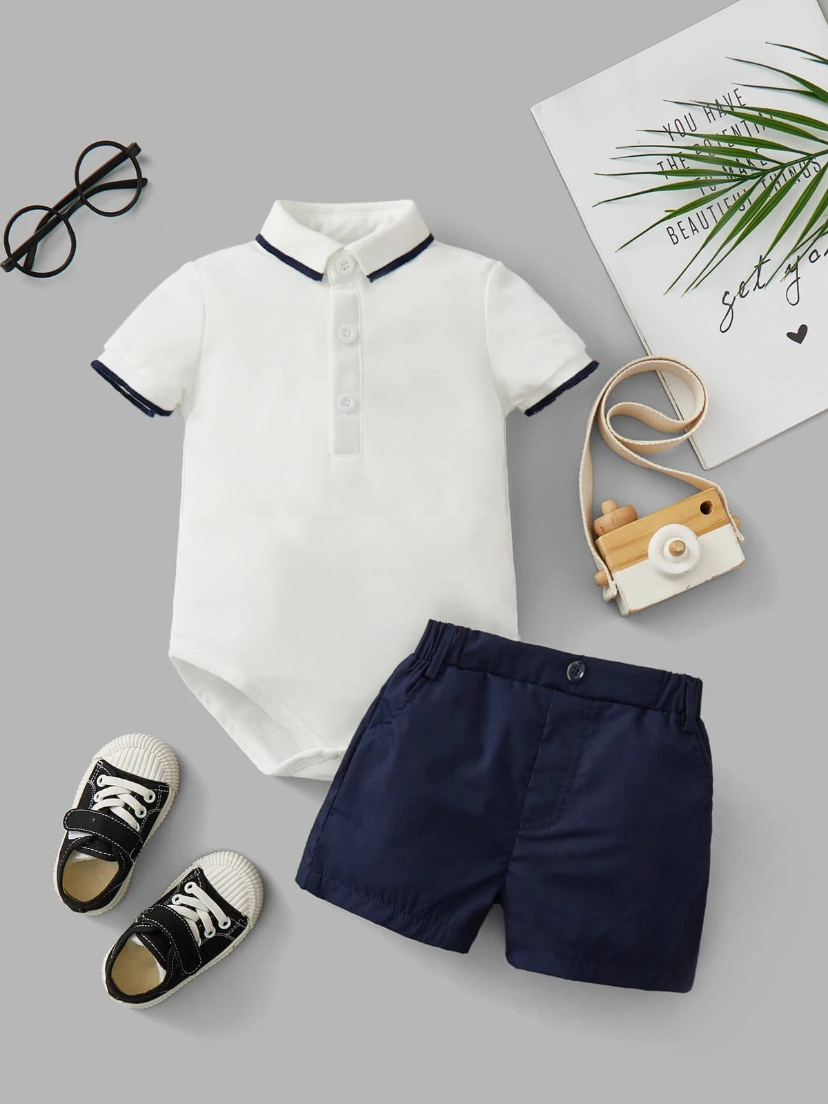 Baby Contrast Trim Polo Neck Bodysuit & Shorts