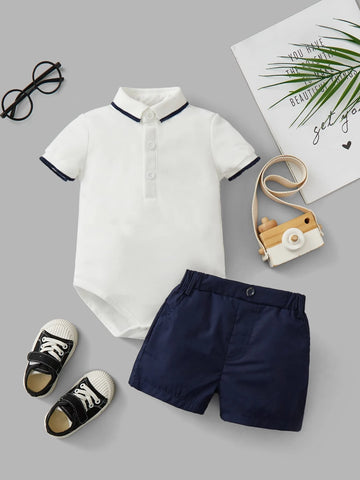 Baby Contrast Trim Polo Neck Bodysuit & Shorts