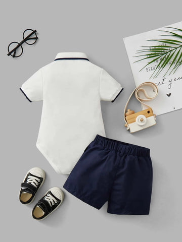 Baby Contrast Trim Polo Neck Bodysuit & Shorts