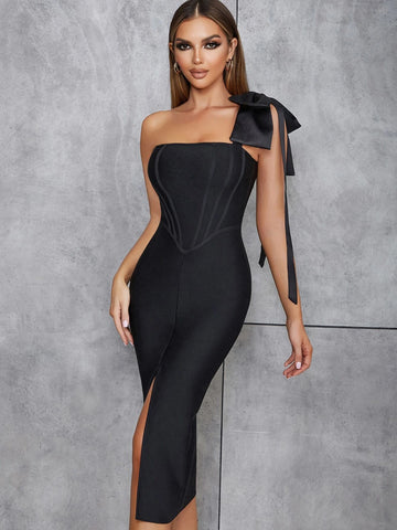 One Bow Shoulder Split Thigh Bandage Dress