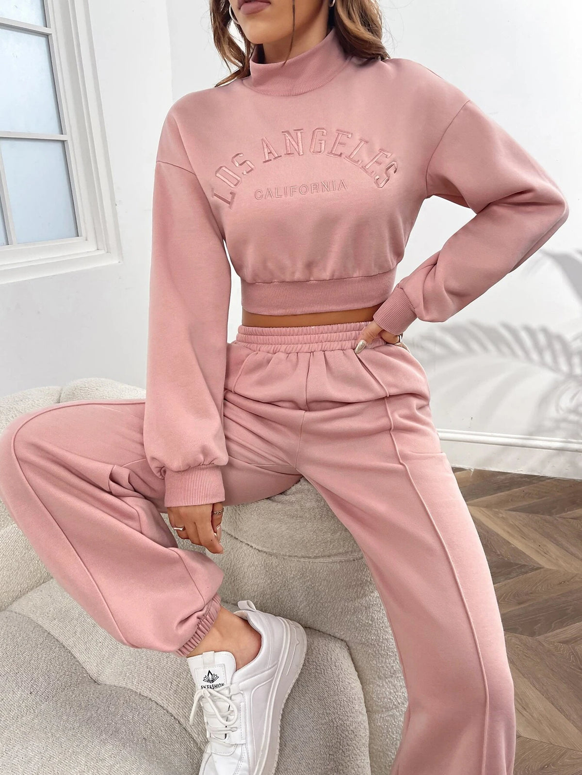 Letter Embroidery Drop Shoulder Crop Sweatshirt & Sweatpants