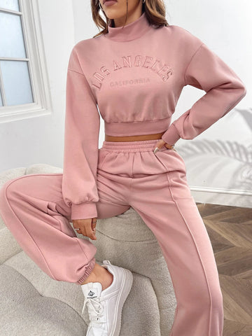 Letter Embroidery Drop Shoulder Crop Sweatshirt & Sweatpants